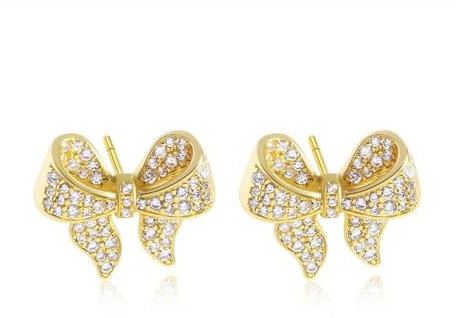 Minimalist Cubic Zirconia Bow Hypoallergenic Stud Earrings for Women Girls Sensitive Ear Dainty Cute Silver Plated Sparkly Crystal Bowknot Studs Wedding Valentines Day Xmas Gift 16mm (Gold)