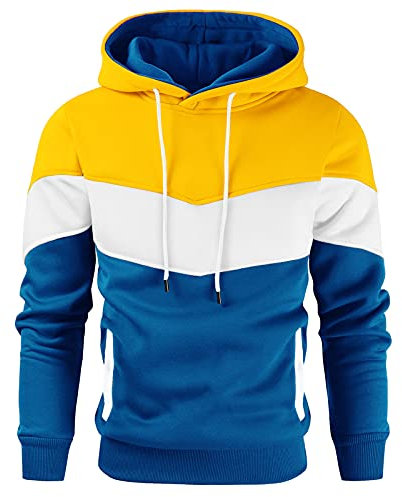 Gesean Herren-Kapuzenpullover mit Farbblock, Fleece, langärmelig, lässig, Sweatshirt mit Tasche, Gelb, Blau, XXX-Large