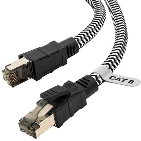 Qiuean Cat 8 7m Lan Kabel,Nylon Geflochtener Netzwerkkabel,40Gbps 2000MHz Hochgeschwindigkeits Ethernet Kabel,S/FTP Patchkabel mit Vernickelt Rj45-Stecker für Ps5/Laptop/Router/Gaming/Modem