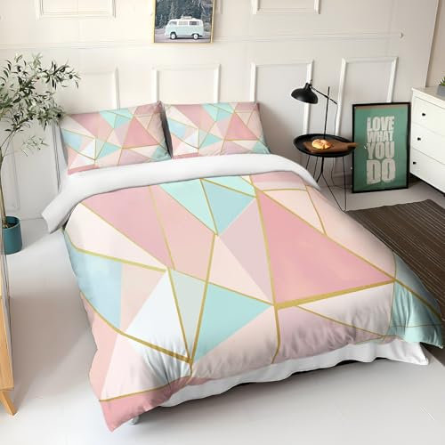 3Pcs Pink Duvet Cover Rose Gold Polygonal Triangle Printed Quilt Covers Bedset Single Bedding With 2 Pillowcases Easy care 53 x 79 (135 x 200 cm) Duvet Cover Set, Soft & Cosy Bedding Set