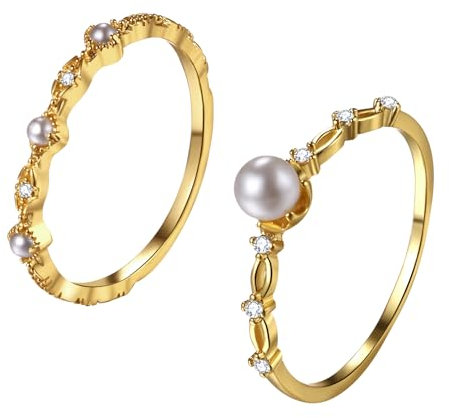 OIDEA Damen Ring mit Perlen Zirkonia: 2 Stück Gold Perlenring mit Süßwasserperlen Stapelbare Verlobungsring Ehering Trauring Damenring Geschenk für Frauen Freundin Schwester Größe 60