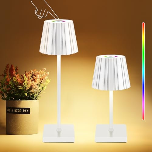 ALLOMN Dimmbare LED Akku Tischlampe Kabellos, RGB Dimmbar Wiederaufladbar Touch Nachttischlampe Akkubetrieben für Schlafzimmer Restaurant Bar (Weiß-Gestreift)