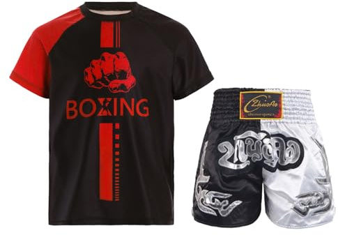 Runhomal Pantalones Cortos para Niños de Boxeo MMA Kickboxing Artes Marciales Entrenamiento Competición Conjunto Deportivo 5-16 Años, 13-14 Años