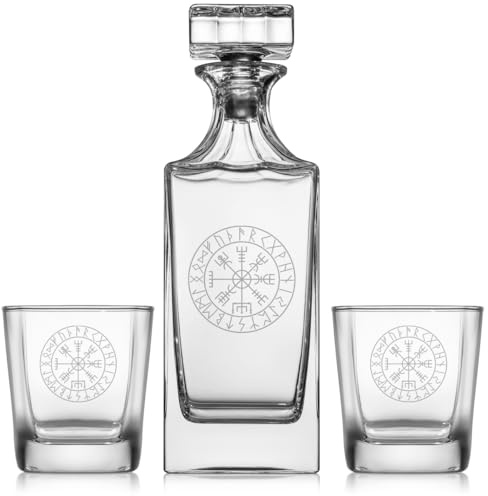 Whiskey Decanter Gift Set With 2 Whiskey Old Fashioned Rocks Glasses Vegvisir Viking Navigation Compass