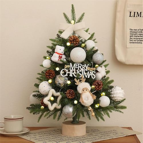 Mini Weihnachtsbaum mit LED Lichterketten für Weihnachtsdeko Kleiner Weihnachtsbaum mit Beleuchtung Tisch Künstlicher Weihnachtsbaum Tannenbaum Künstlich Klein Geschmückt (60cm/Weiß, *)