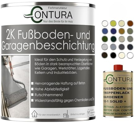 Contura 2K Bodenfarbe Betonfarbe Garagenfarbe Kellerboden Fussbodenlack Seidenmatt Lack (7035 Lichtgrau, 1,10Liter (1L+100ml Härter))
