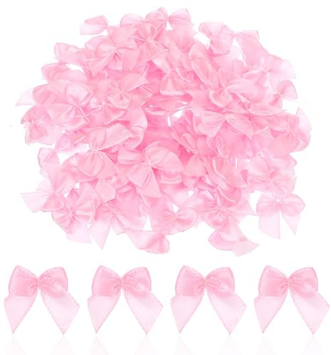 Bremorou 100 Stück Geschenkschleifen Selbstklebend, Rosa, Polyester, Hochzeits- und Geburtstagsdekoration, Mini Satinband Schleifen, Handgefertigte Dekoration
