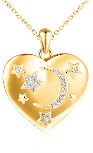 Corazón Estrella Lunar Collar con Foto Plata de Ley 925 Chicas Mujer Personalizada Colgante Foto con Circón Hipoalergénico Medallón con Foto Moda Joyería Regalos para Amiga Esposa Mamá Hija Oro