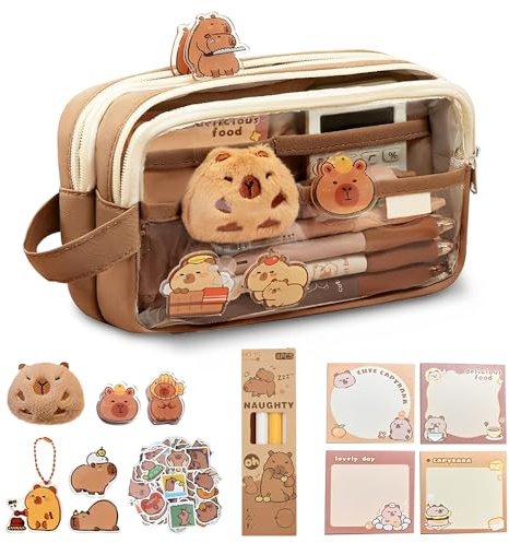 HOVCEH Capybara Federmäppchen, Kawaii Federmäppchen mit Fächern, 30 Stück Capybara Schreibwaren Set, Capybara Mäppchen mit AufkleberStifte, Capybara Sachen Süßes Schreibwaren Geschenkset für Kinder