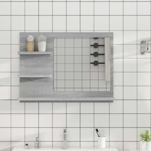 Myheimly Badspiegel, Wandschrank für Badezimmer, Badezimmerspiegel mit 3 Ablagen, Spiegel Schminkspiegel Bad Badmöbel, Holzwerkstoff Badspiegel,Grau Sonoma