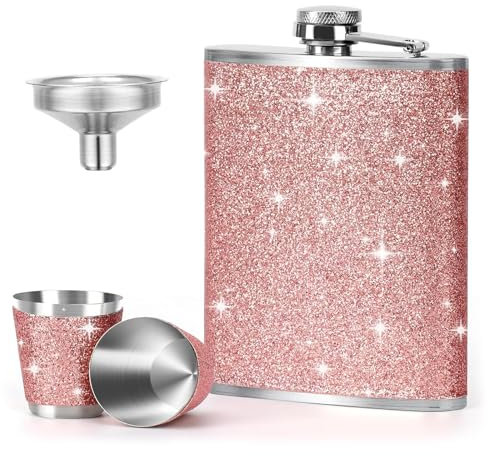 Flachmann Edelstahl und Trichter Klein Becher Rosa Schnapsbecher mit 2 Stück Schnapsglas Edelstahl Shot Flachmann Leder 8oz/240ml Hip Flask für Reisen JGA Party Schenken