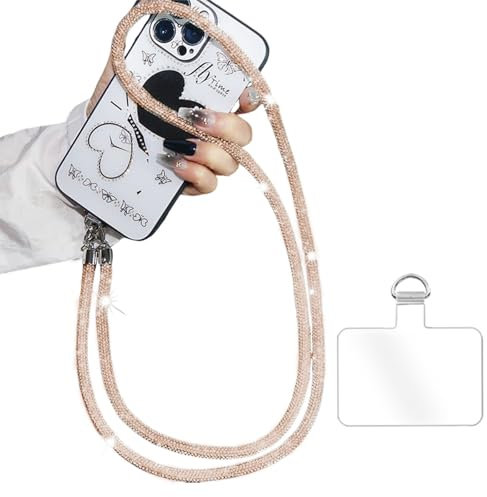 FloralGrace Umhängekette mit Glitzer Strass, Telefon Lanyard, langes Hängeband, Handy Seil, Anti Drop Handykette, Handy Kette, Kurz Handyanhänger(Gold 68CM)