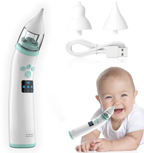 Elektrischer Nasensauger für Baby,Tragbarer Baby-Nasensauger,Automatischer Nasenreiniger mit 2 Silikonspitzen,Einstellbare Saugstärke auf 3 Stufen,Beruhigende Musik-und Lichtfunktion,Anti-Rückfluss