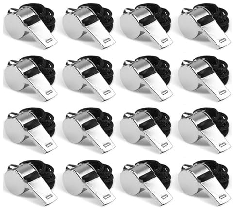 Lot de 16 sifflets de sport en acier inoxydable avec cordon - Grand format - Très bruyants - Pour adultes, enseignants, fonctionnaires, défense personnelle, entraîneurs, arbitres, kits de survie et de