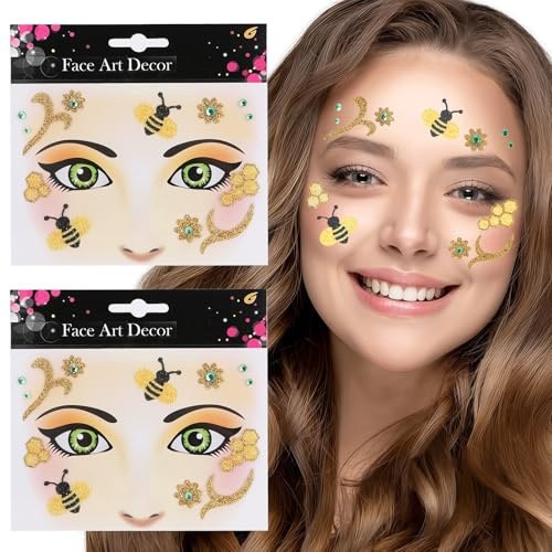 2 Stück Face Art Aticker, Halloween Tattoo Gesicht Karneval, Temporäre Gesichtstattoo, Glitzer Gesicht Aufkleber, Temporäres Tattoo für Halloween, Karneval, Fasching, Maskerade, Motto Partys (D)