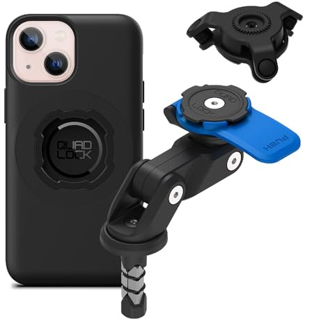 QUAD LOCK Gabelschaft-Handyhalterung (V2) für Motorrad mit Vibrationsdämpfer und MAG Hülle für iPhone 13 Mini