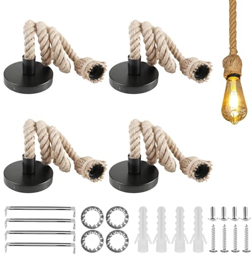 GAOUTO 4 Stück E27 Hanfseil Pendelleuchte: 1M Hochwertiges Vintage Hanfseil Lampe, Robuste Eisenlampenschirm Hängelampe, Deckenleuchte, für Hotel, Café und Wohnbereiche