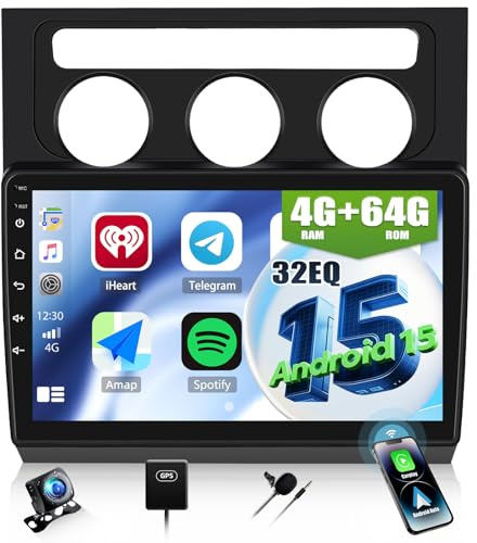 CAMECHO 4+64G 10 Pulgadas Android 15 Autoradio para VW Volkswagen Touran 2004-2008 con Cámara Trasera, Wireless Carplay 2Din Bluetooth Radio con 32EQ FM RDS GPS WiFi Android Auto Mirror Link +Canbus