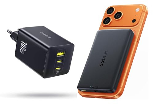 Baseus Enerfill USB C Ladegerät 100W, 3-Ports USB C Netzteil + Baseus PicoGo AM52 Powerbank, Qi2.2 Magsafe Powerbank 10000 mAh