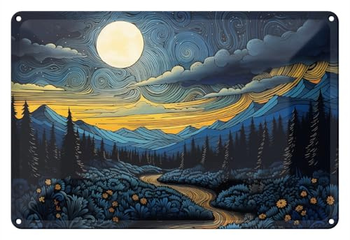 Wallario Blechschild Wandbild aus Metall Mondschein über den Bergen - 20 x 30 cm in Premium-Qualität: Brillante Farben