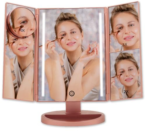 Boston Tech Miroir de Maquillage Lumineux Bellatrix Grossissement 1X/2X/3X/10X | 3 Volets réglables + Barre Lumineuse LED + Rotation Ajustable à 180° | Source d’Alimentation Double + écran Tactile