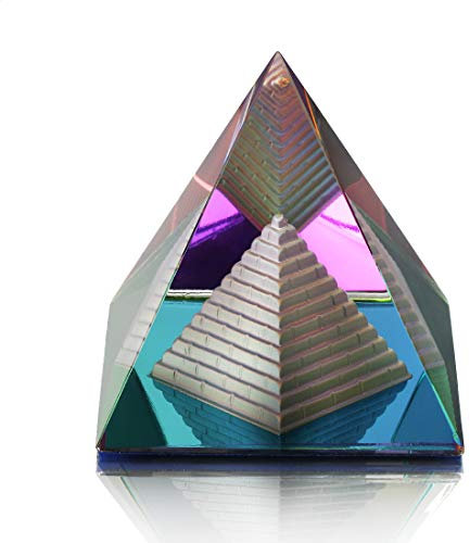 QFkris Crystal Pyramid Figurine Collectible, Rainbow Color Prism Desk Ornament Glass Paperweight with Gift Box for Decoration (80mm / 3.1inches)