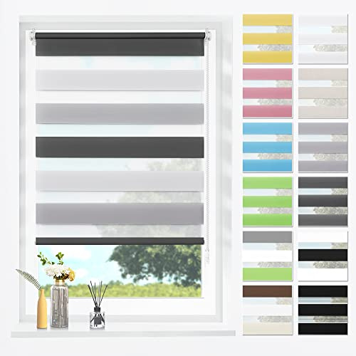 SBARTAR Doppelrollo Weiß-grau-anthrazit B75xH120cm(Stoffbreite 75cm) | Duo Rollo lichtdurchlässig Fensterrollo für innen verdunkelnd, ZeBrarollo für Fenster und Tür