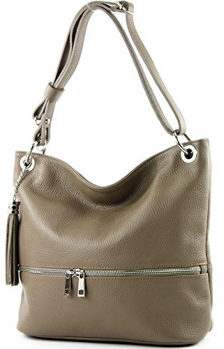 modamoda de - T143 - ital. Leder Schultertasche Umhängetasche, Farbe:Dunkeltaupe