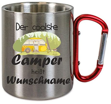 Crealuxe Edelstahltasse mit Karabiner - Der Coolste Camper heißt Wunschname - 330ml, Tasse personalisiert, Kaffeetasse, Bürotasse, Metalltasse mit Name