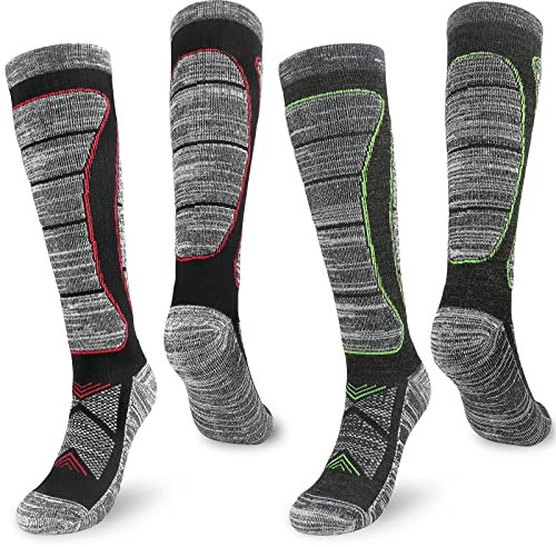 2 Pairs Men's Merino Wool Ski Socks 9-12,Thermal Thick Knee High Athletic Socks,Long Hose Thickend Terry Cushion Warm Anti Blister Hiking Trekking Skiing Socks