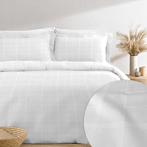 Pizuna 300TC Damask Check Super King Duvet Cover Set White, 100% Long Staple Cotton Checke White Bedding Set Lightweight Sateen Weave Duvet Cover Set with 4 Corner ties and Hidden Button Closure | Damask Check Long Staple Cotton Checke Bedding Lightweight Sateen Weave 4 with Corner Ties and Hidden Button Closure
