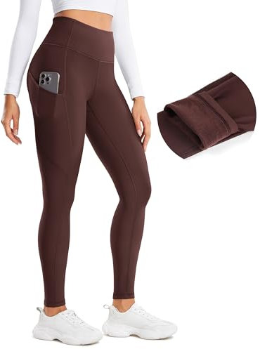 CRZ YOGA Damen Thermo Leggings mit Taschen Winter High Waist Fleece Sportleggins Yoga Leggins Warm Thermal Sporthose - 71cm Taupe 42