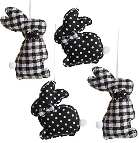 Logbuch-Verlag 4 Osterhasen mit Schnur schwarz weiß aus Stoff Osterstrauch Anhänger Ostern Deko modern 10-14 cm gepunktet kariert