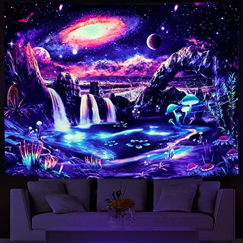 Schwarzlicht-Galaxie-Wandteppich, Trippy-Planeten-Wandteppich, UV-reaktiver Wasserfall-Landschaft, Wandteppich, Fantasie, Bergwelle, Wandteppich, geheimnisvolle Neonpflanzen, Wandbehang für Zimmer