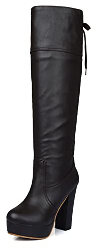 MJIASIAWA Donna Tacco Chunky Punta Rotonda Stivali Alti Plateau Serata Warm Plateau Stivali Equitazione Senza Chiusura Inverno Scarpe Marrone Numero 36.5 EU/37 Asiatico