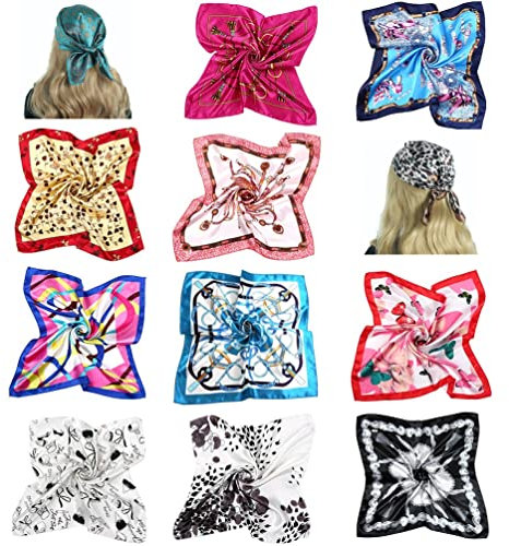 QUUPY Damen-Halstuch, Seide, quadratisch, 50 x 50 cm, 10 Stück, Satin Bandana, Silk Nicki Scarf, Neck Scarf