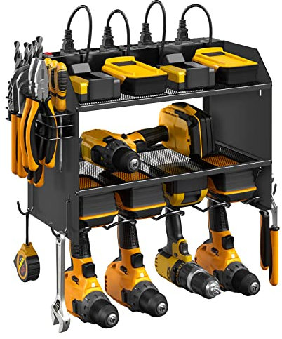 CCCEI Support mural modulaire pour outils électriques avec station de charge. Étagère de rangement pour 4 perceuses avec crochets, tournevis, porte-forets, support de batterie intégré à 8 prises.
