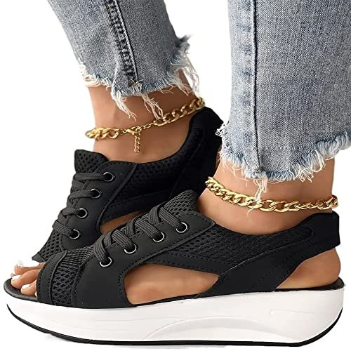 ILLOYD Sandalias de Muffin con Cordones y Recortes con Paneles en Contraste, 2023 Sandalias de Plataforma Informales con Punta de Verano para Mujer (39,Black)