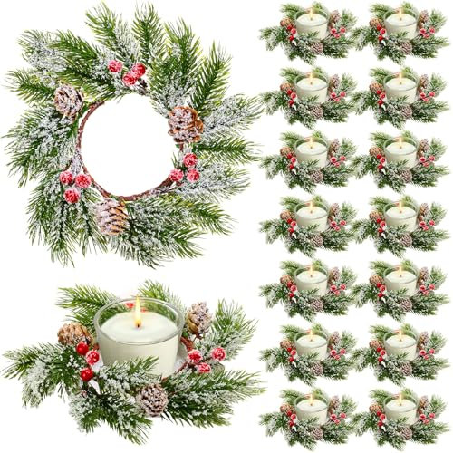 Hotop Weihnachtskerzenringe, künstliche verschneite Kerzenringe, kleiner Kerzenhalter für Urlaub, Hochzeit, Party, Wohnzimmer, Tischaufsätze, Winterdekoration, 8,5 cm (Kiefernkegel, rote Beere, 16