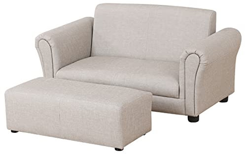DGBAOBEI Kids Sofa Couch with Ottoman/PVC Leather Toddler Couch Chair with Plastic Legs/Upholstered Children Armchair for Kids Under 4 Years Old/Double Seat with Stool (Light Grey)