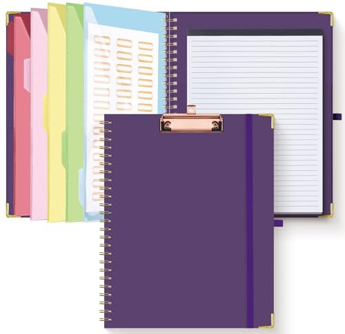 HAUTOCO Klemmbrett A4 Ordner Mit Nachfüllbarem Linierten Notizblock, 5 Ordnern, 10 Taschen, Klemmbrett A4 mit Deckel, Spiral Clip Board für Schule, Büro, Dunkles Lila