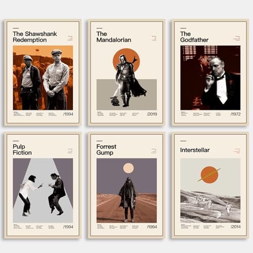 DECORRECOR Filmposter, 6 Stück, ungerahmt, Leinwand, Wandkunst, A4, klassische Vintage-Film-Poster für ästhetische Wanddekoration (DR-MP-3)