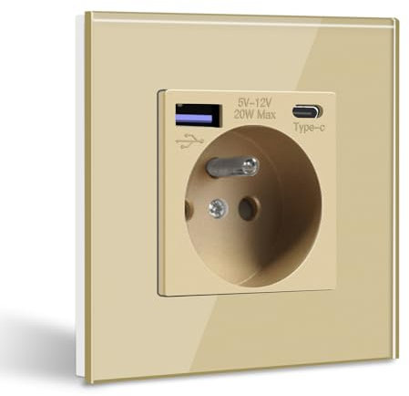 BSEED Prise Murale avec USB C PD20W,Prise de courant à Encastrer,16A Prise de Courant Alternatif avec Panneau en Verre,Chargeur Rapide Multiprises avec 1 USB-C 20W, Idéal pour Maison, Bureau-Or