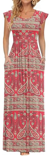 AUSELILY Summer Maxi Dresses for Women Casual Ruffle Short Sleeve Dresses with Pocket Elegant Flowy Evening Dress Boho Floral Red,L