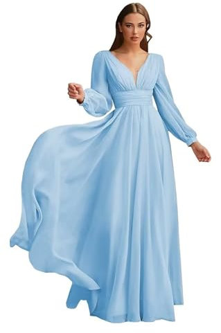 HYEC7 Long Sleeve Chiffon Bridesmaid Dresses Empire Waist V-Neck Formal Dresses A-Line Pleated Evening Gowns with Pockets Sky Blue