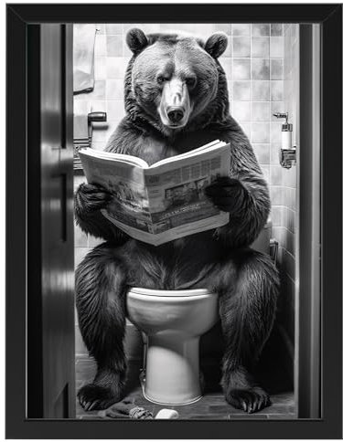 Bär auf WC, Poster 30cm x 40cm mit Rahmen, Toilette Badezimmer Deko, Wand-Deko Bilder Lustiges Geschenk