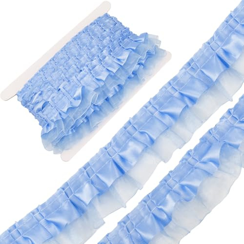 GORGECRAFT 10 m 2-Lagiger Satin-Organza-Spitzenrandbesatz Plissiertes Rüschen-Chiffonband Geraffte Kantenbesätze Stoff Zum Nähen von Stoffkleidern Bestickte Applikationen Hochzeits Partydekor Blau
