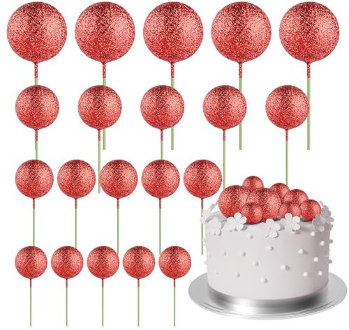 ASTARON 20 Pcs Ball Cake Topper Decorations Mini Balloons Cake Topper Sticks Red Glitter Balls Cake Picks Cake Topper Balls Cake Decorations for Wedding Birthday Cake Decorations