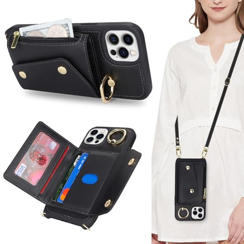Lipvina Hülle für iPhone 12/12 Pro Hülle mit Band Kartenhalter handyhülle Hülle für iPhone 12/12 Pro mit Reißverschluss Band Ring Ständer Case für Frauen - Schwarz
