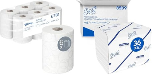 Kleenex Ultra Slimroll Rollenpapiertücher 6781 – 2-lagige Rollenhandtücher & Scott Control Einzelblatt-Toilettenpapier 8509 – 2-lagiges Toilettenpapier – 36 Packungen x 220 Blatt (insges. 7.920)